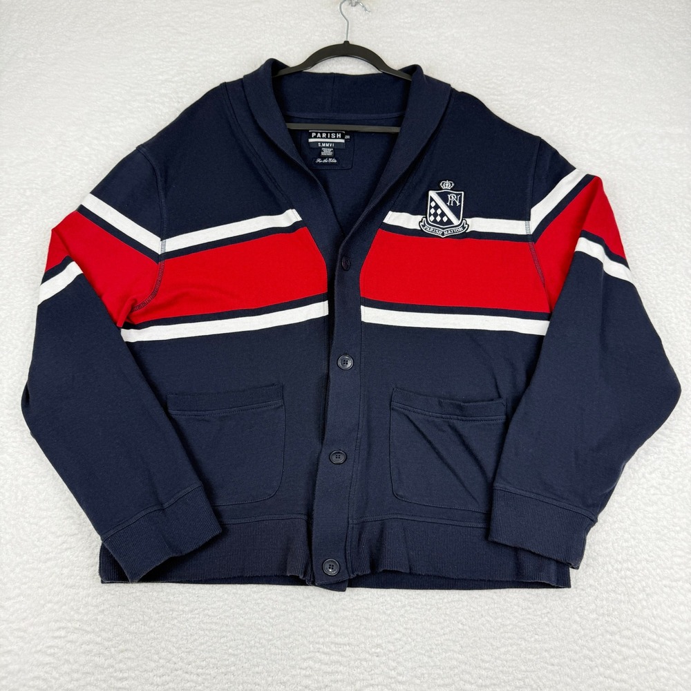 Parish Nation Mens 2XL Shawl Collar Cardigan Sweater Navy Red‎ White Stripe Logo